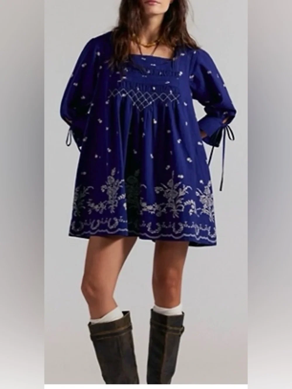 Free People Sonora Navy Blue Embroidered Mini Dress